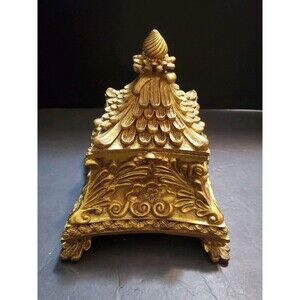 Gold Pagoda Storage Pyramid Box W/ Clawed Feet Scrollwork & Raised Elements